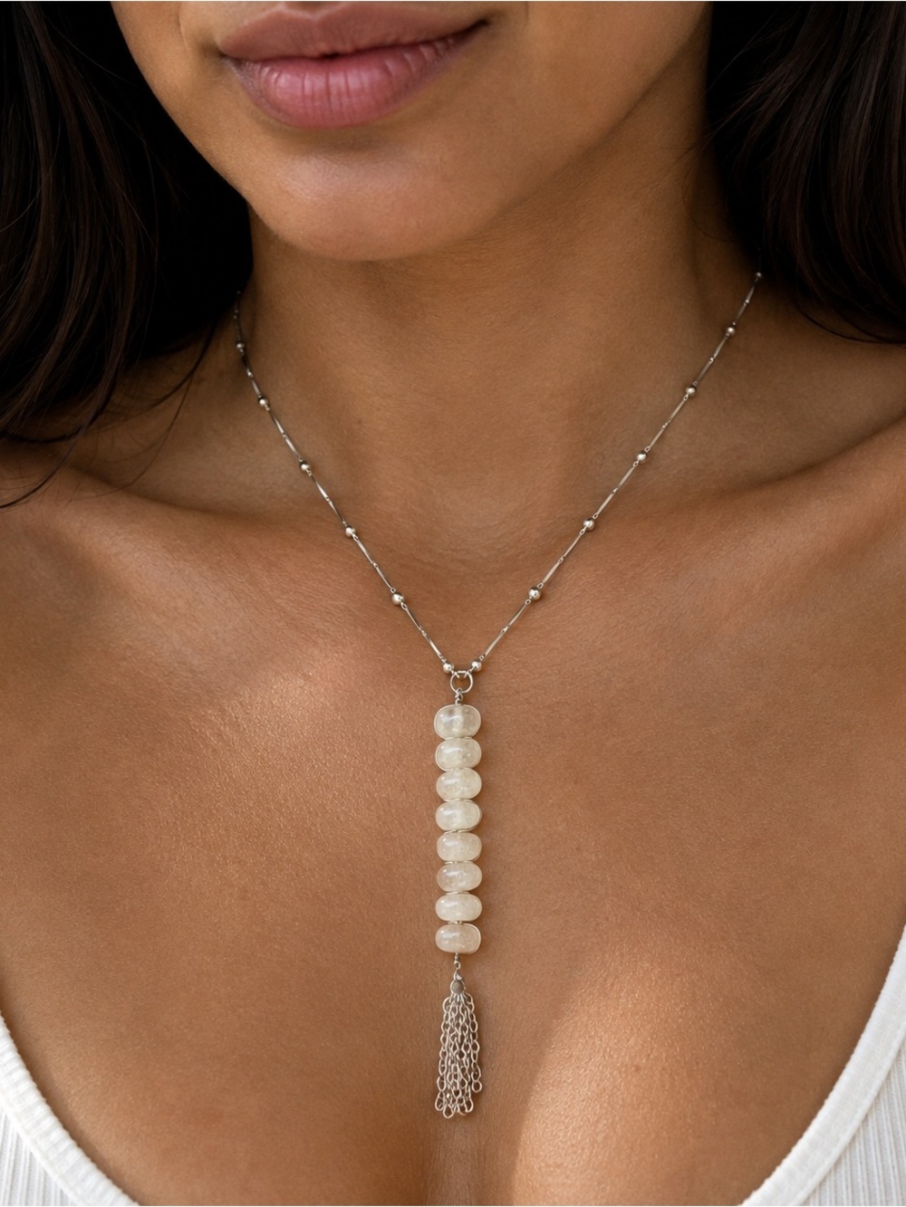 925 ELEGANT OOAK Rose Quartz Long Cleavage Pendant Necklace